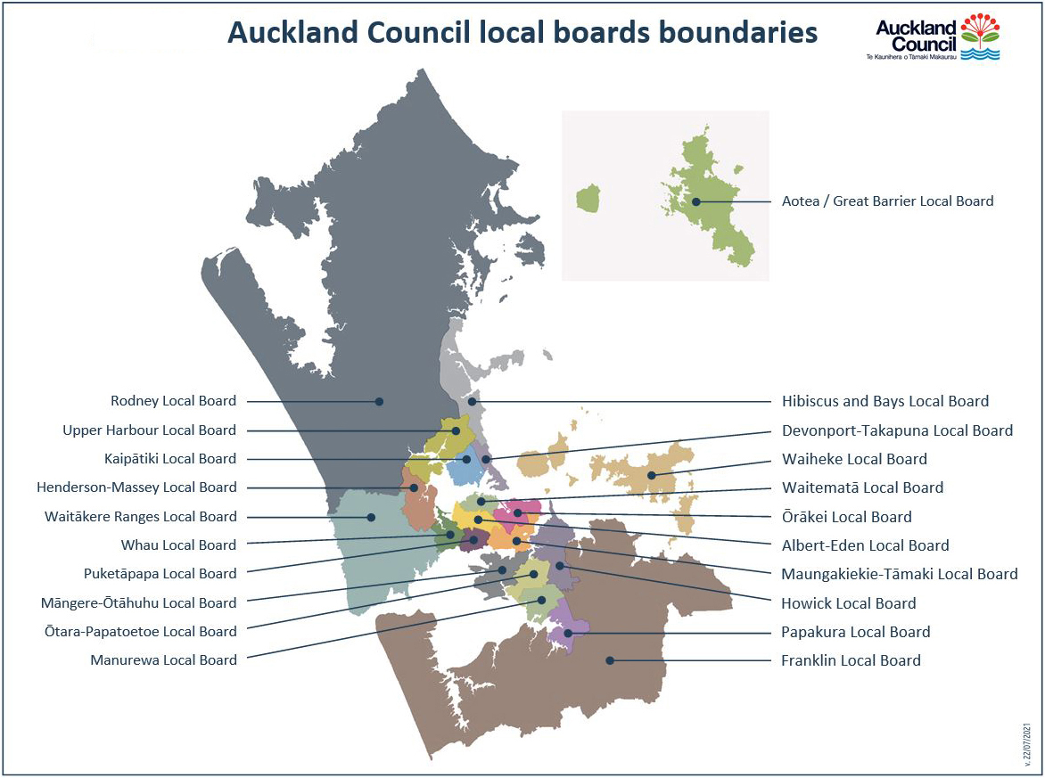 Map of the Auckland region showing the 21 local boards.