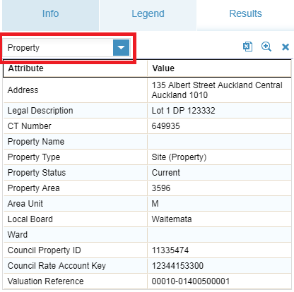 screenshot of results tab showing information about a layer, including address, legal description, Property type, Property area,