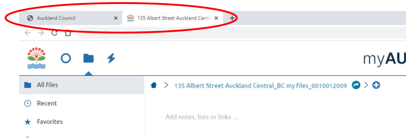 Screen shot shows myAUCKLAND files screen. Auckland Council tab is circled with the text ' Navigate back to this tab' below it.