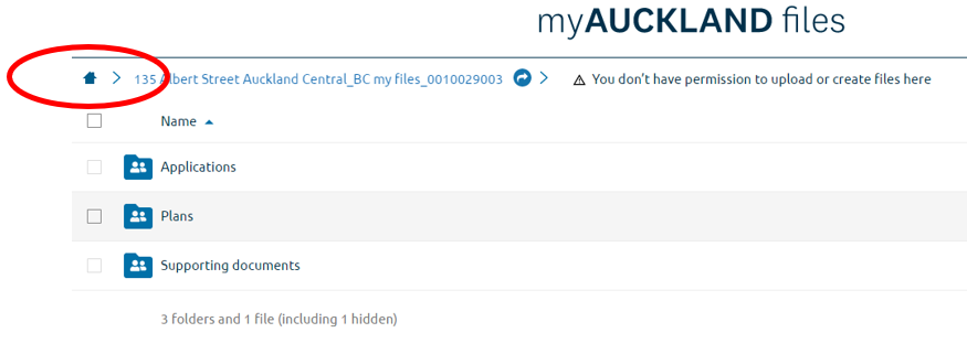Screen shot shows myAUCKLAND files screen with home icon circled.