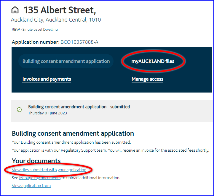 Image shows a building consent application. Two links to myAUCKLAND files have been highlighted in red.