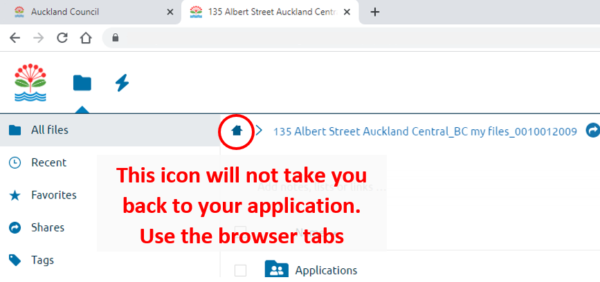 Image shows myAUCKLAND files. The home icon has been circled. Text underneath reads: This icon will not take your back to your application. Use the browser tabs instead.
