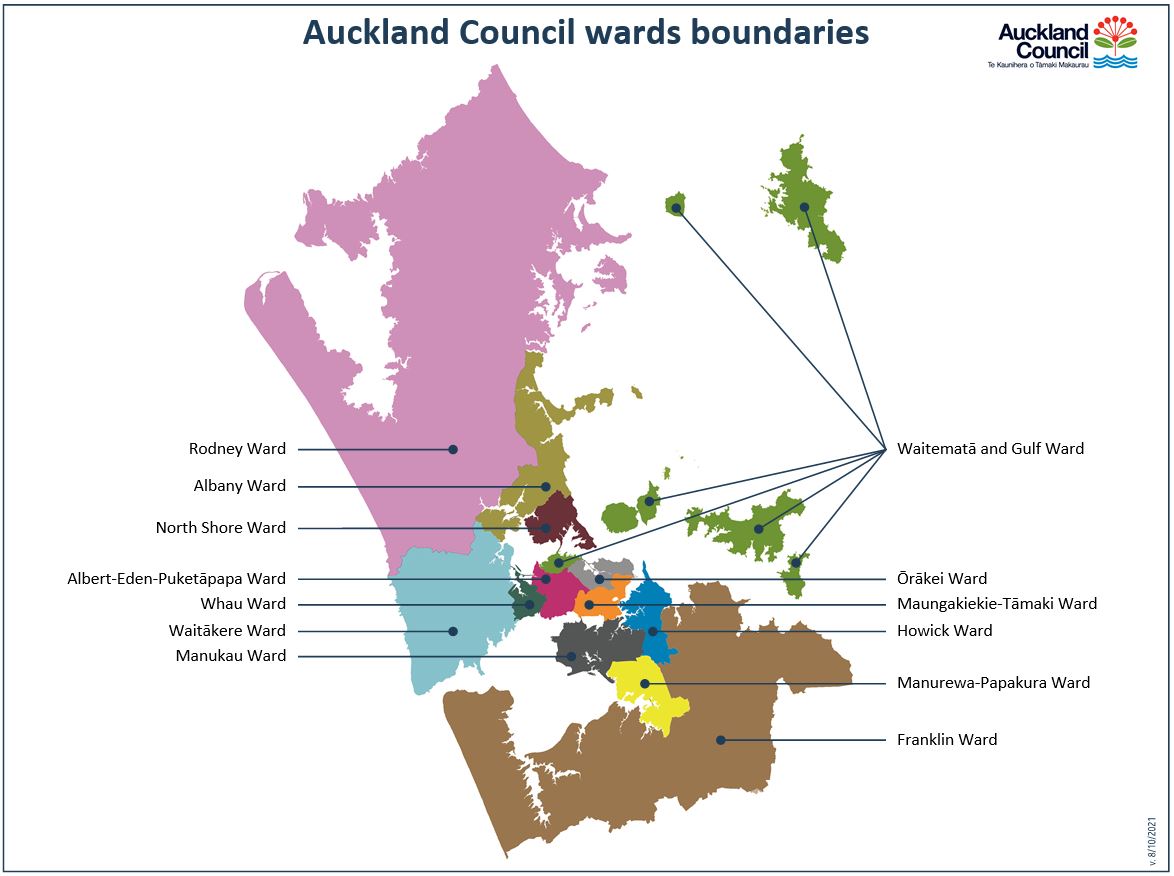 Map of the Auckland region showing the 13 wards.