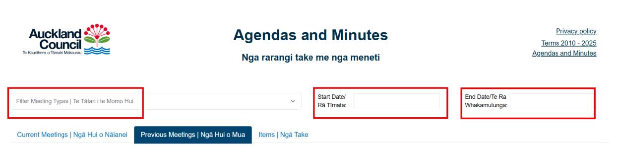 Screenshot of Agendas and minutes website showing the filters which allow you to filter by meeting type and start and end dates.