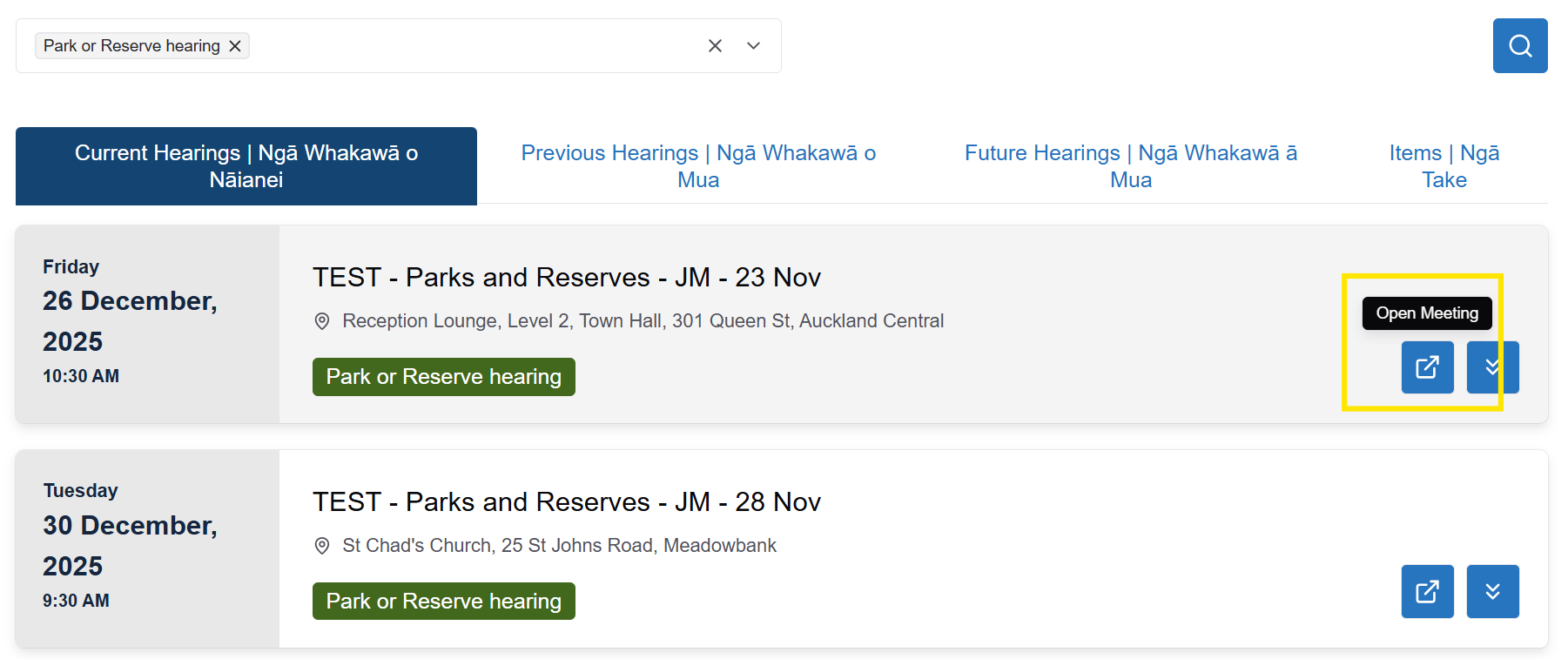 Screenshot showing current hearing search results, highlighting the 'Open Meeting' button at the far right of the screen.