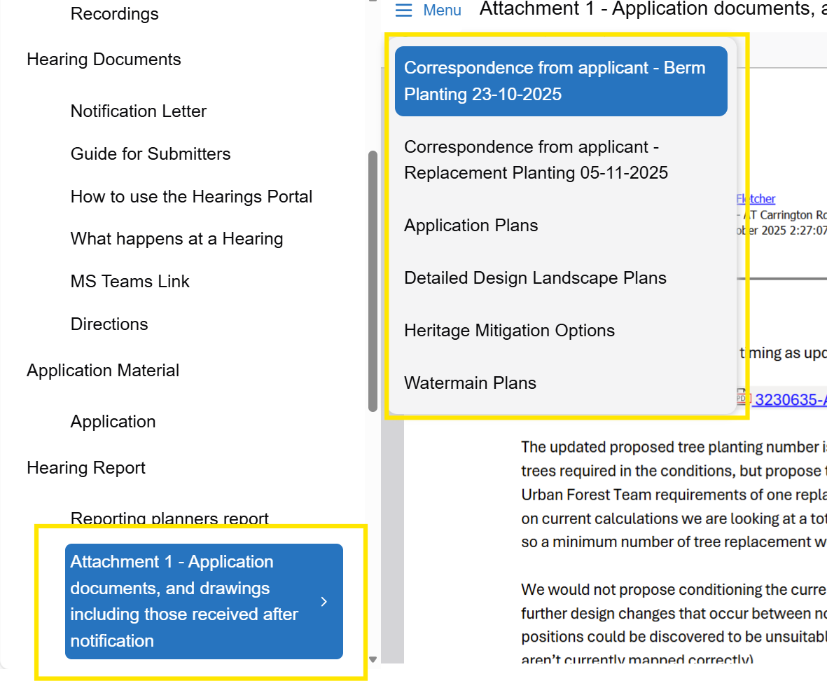 Screenshot showing a section of a hearing selected in the navigation pane and a pop-up list of related documents to its right.