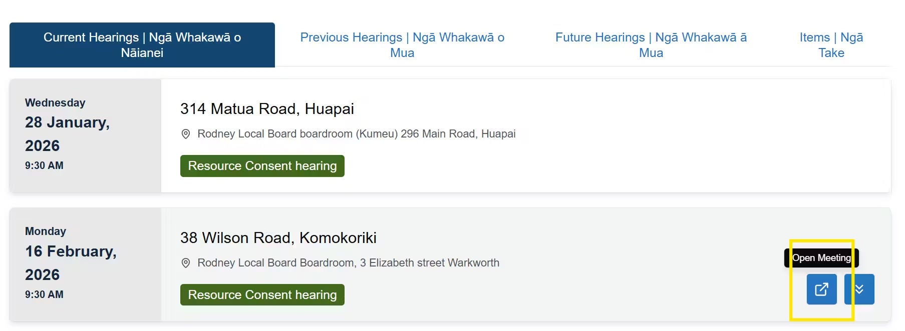 Screenshot showing current hearing search results, highlighting the 'Open Meeting' button at the far right of the screen.