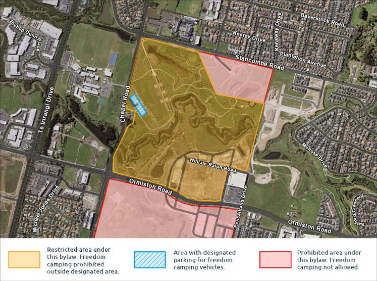 A map highlighting areas where freedom camping is either restricted or not allowed.