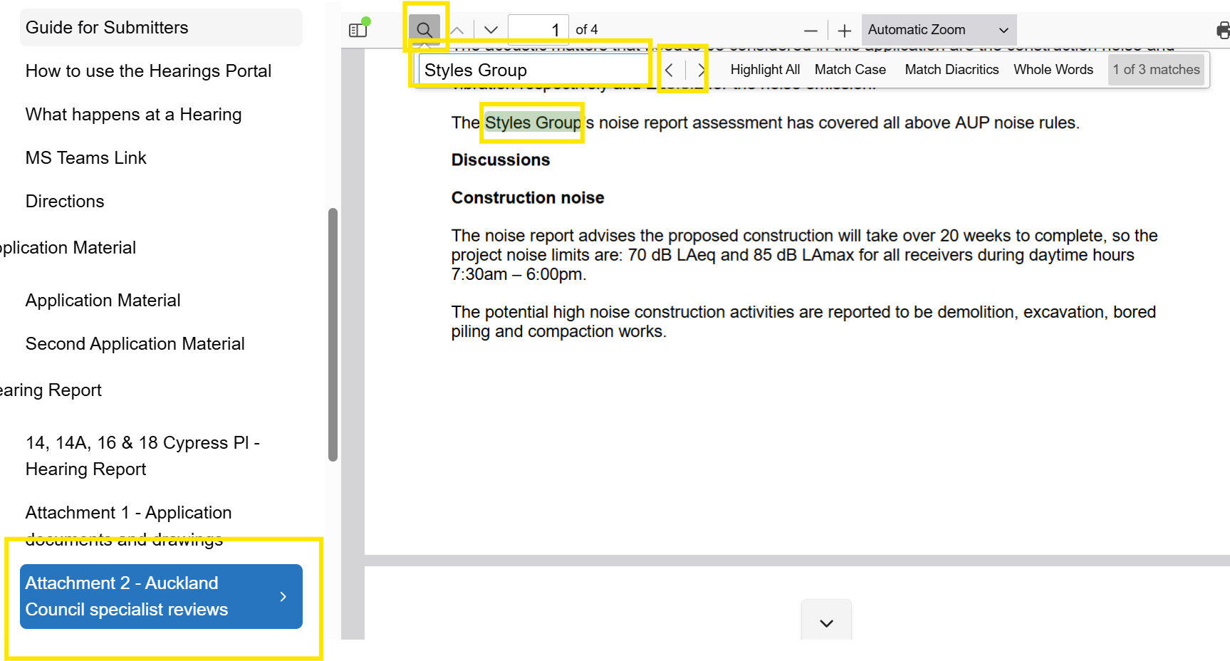 Screenshot highlighting the magnifying glass being used to search for key words in a hearing document.