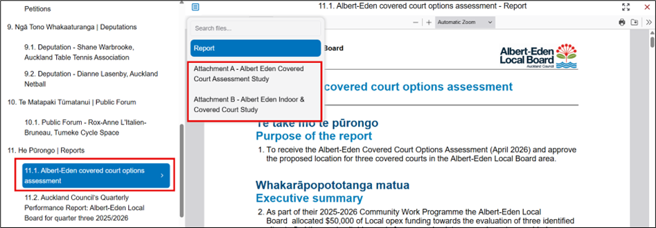 Screenshot showing how to access the attachments associated with a report by selected an agenda item from the left-hand pane and then selecting the name of the attachment from the drop-down menu.