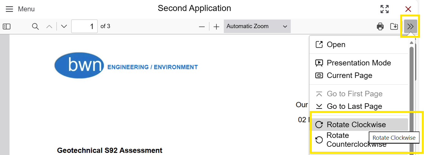 Screenshot highlighting the Tools icon at the far right of the screen being used to rotate the document clockwise.