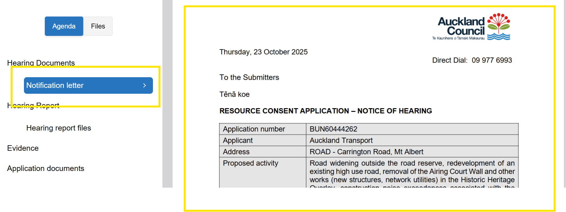 Screenshot highlighting the selected 'Notification letter' heading in the navigation pane on the left and the full notification letter open on the right of the screen.