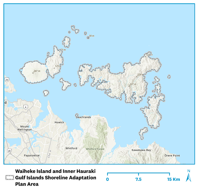 Map of the area covered in the Waiheke and the Inner Hauraki Gulf Islands Shoreline Adaptation Plan.