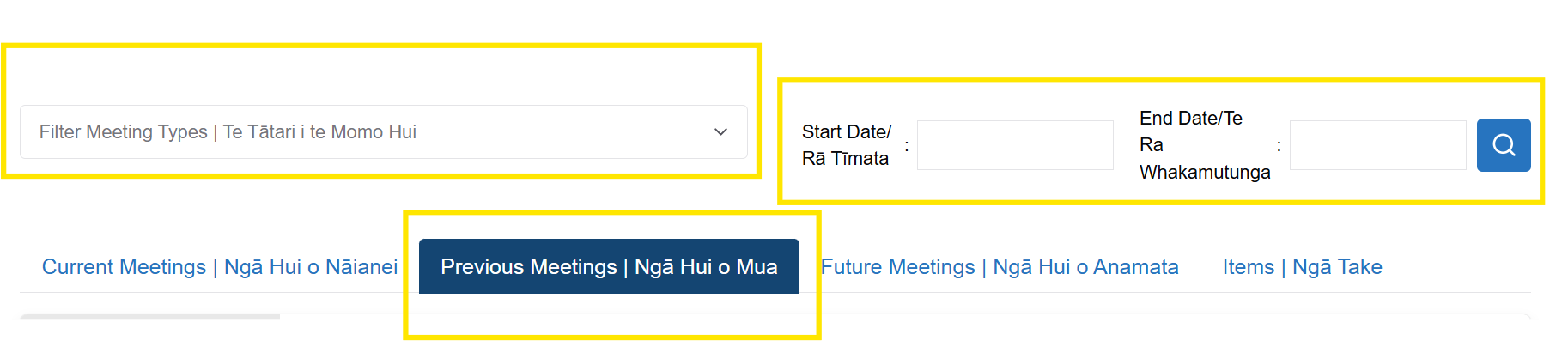 Screenshot of Agendas and minutes website showing the filters which allow you to search by meeting type and dates.