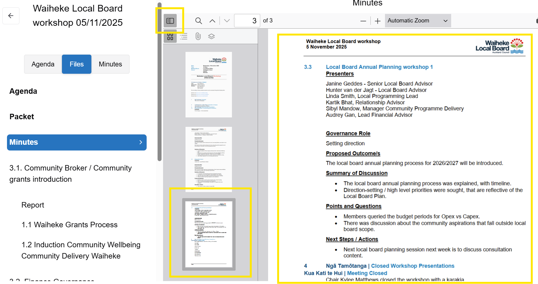 Screenshot showing the 'bookmarks' icon, sections listed below and the selected section displaying in full on the right of the screen.