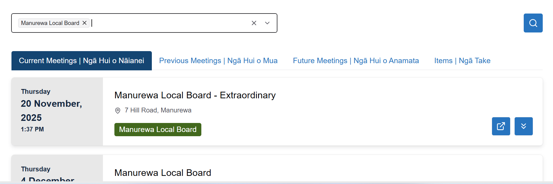 Screenshot of current meeting search results for Manurewa Local Board.