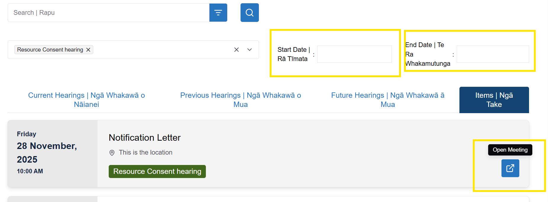 Screenshot showing the filters that allow you to search by hearing type, times and dates.
