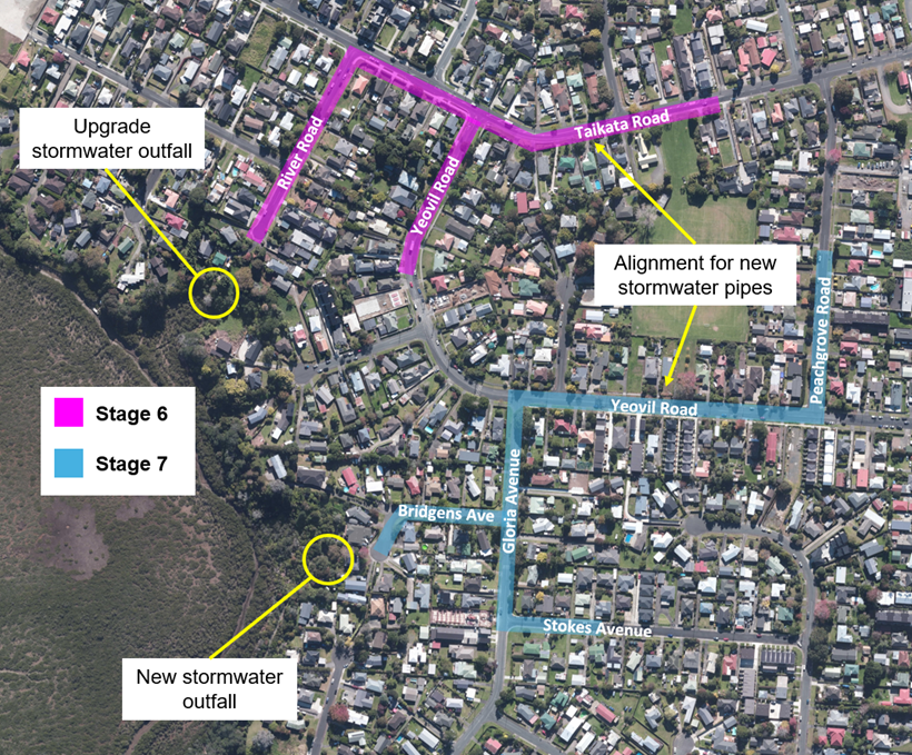 Te Atatū Peninsula map showing the locations of the new stormwater pipes and outfalls for stages 6 and 7 of the project.