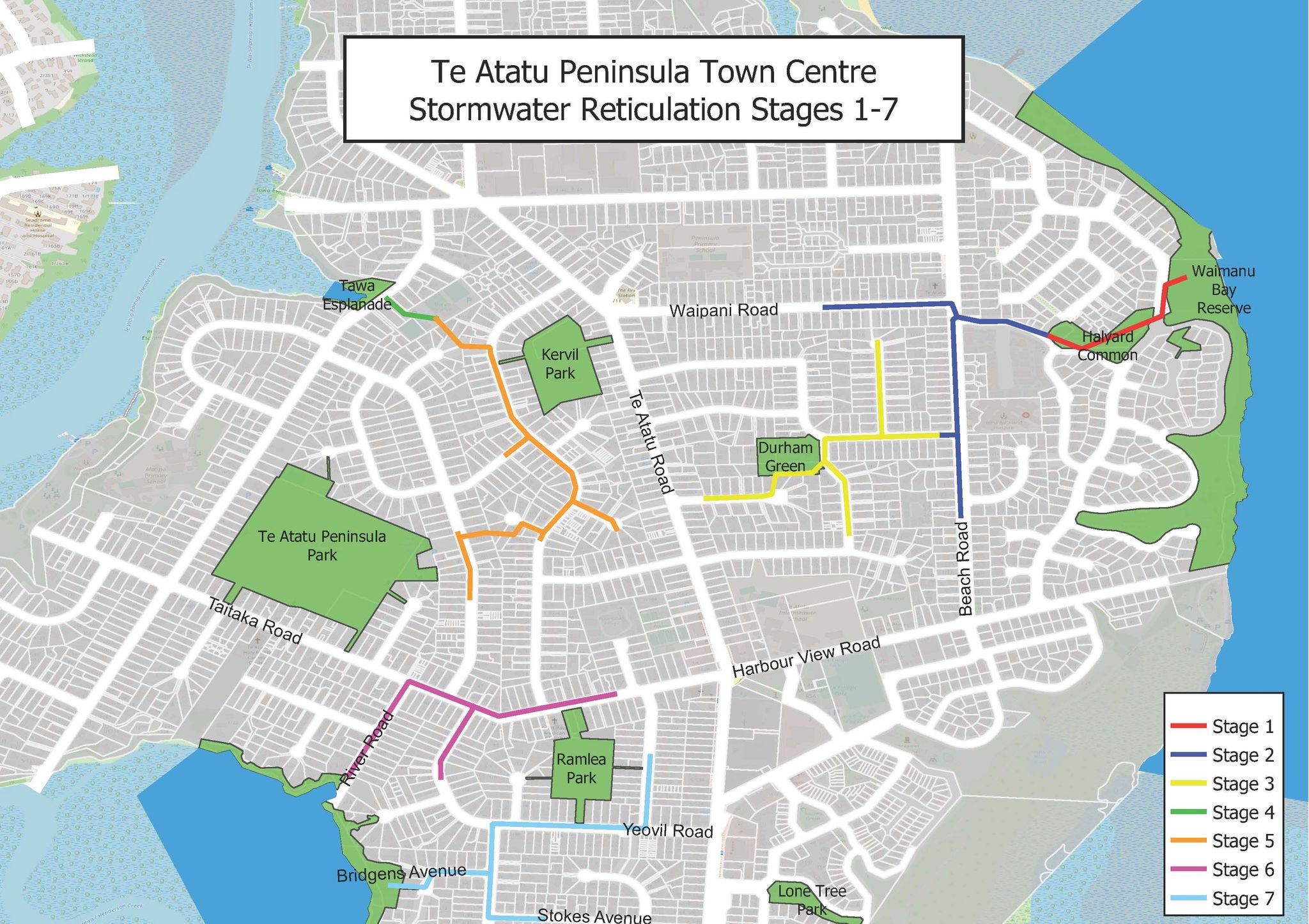 Te Atatū Peninsula map showing the seven stages of the project.