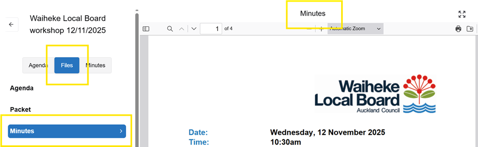 Screenshot showing the 'Files' and 'Minutes' buttons selected and the minutes document displaying on the right of the screen.