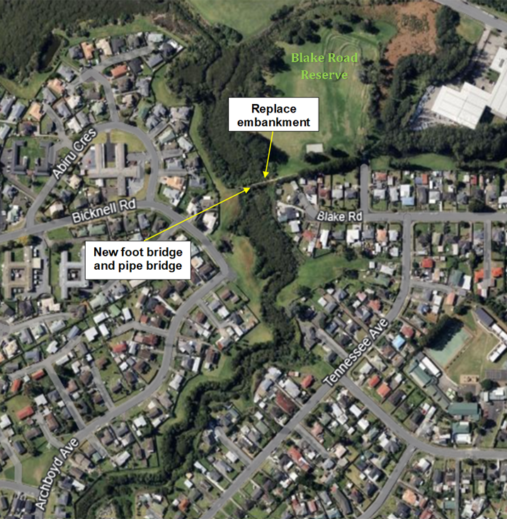 Map showing the location of the new foot bridge, pipe bridge and replacement for Blake Road Reserve embankment.