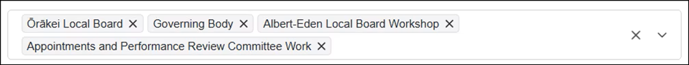 Screenshot of the 'Filter Meeting Types' field with multiple meeting types selected, including Ōrākei Local Board, Governing Body, Albert-Eden Local Board Workshop and Appointments and Performance Review Committee Work.