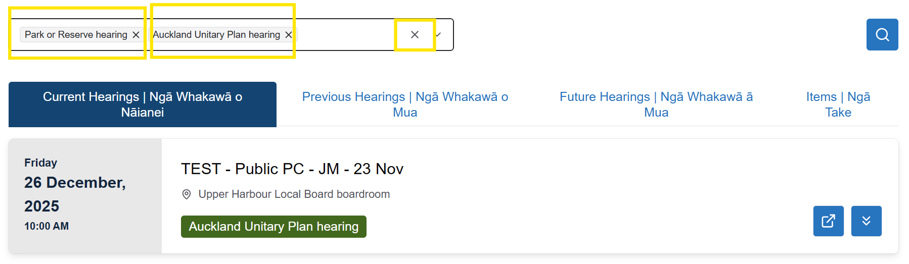 Screenshot highlighting two hearing types selected in the search box, the highlighted 'x' at the end of the search box and a hearing relevant to the search listed below.