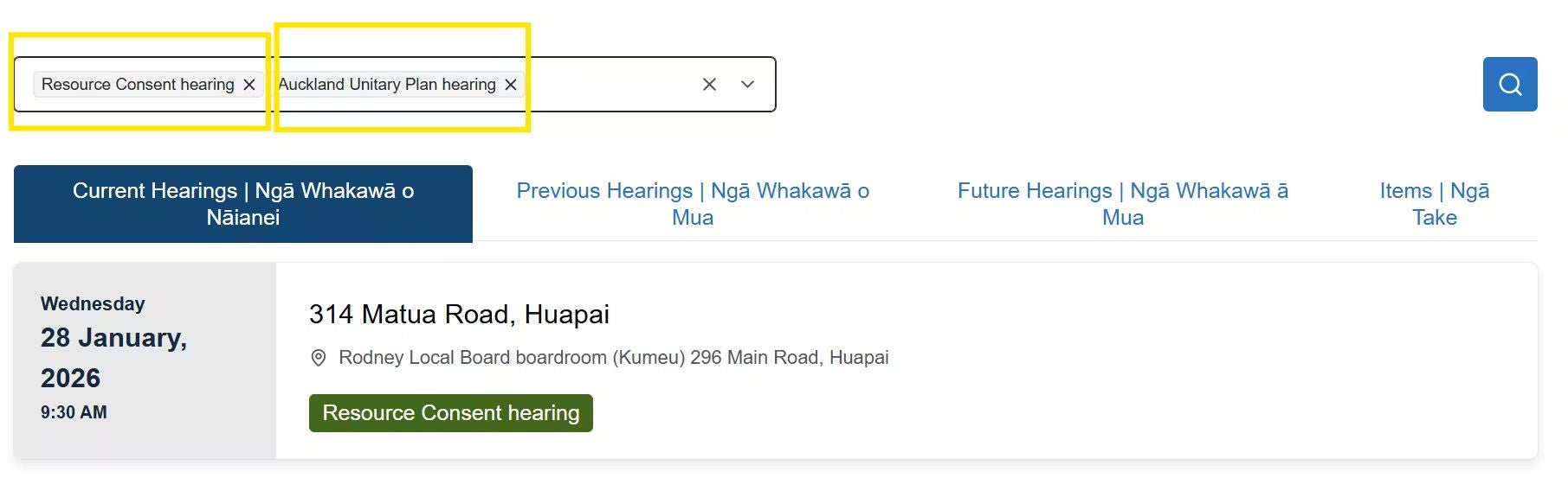 Screenshot highlighting two hearing types selected in the search box, the highlighted 'x' at the end of the search box and a hearing relevant to the search listed below.