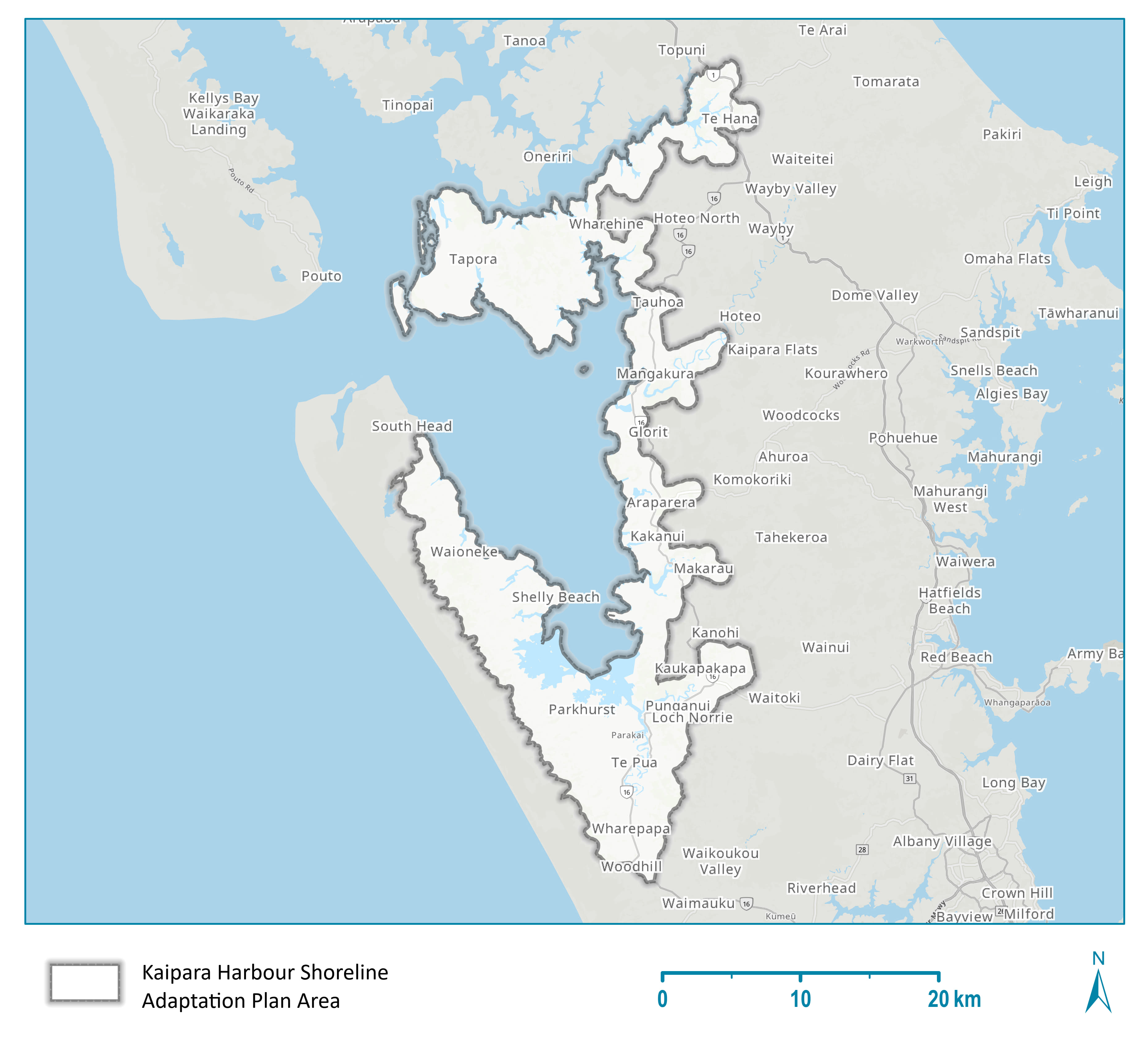 Map of the area covered by Kaipara Harbour Shoreline Adaptation Plan