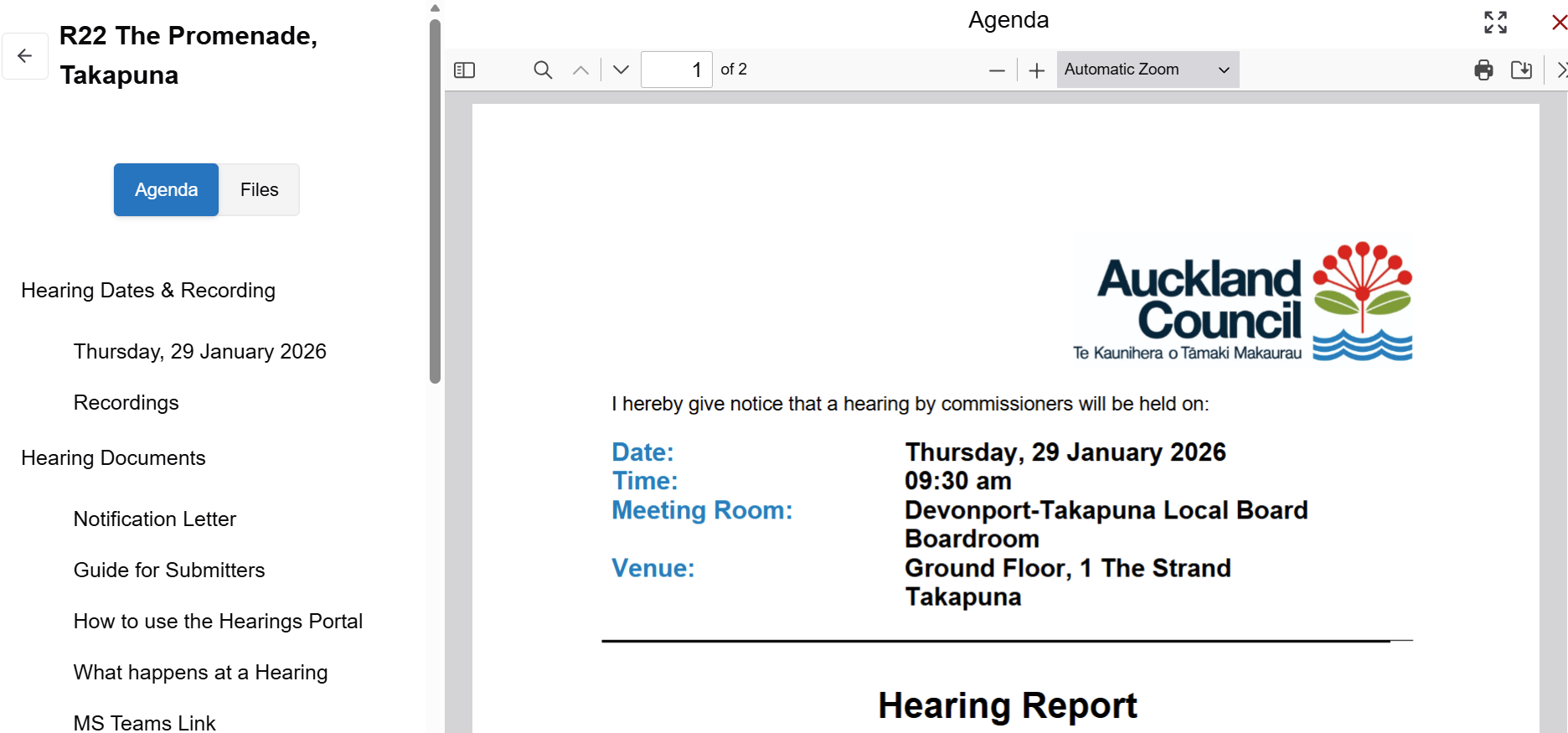 Screenshot showing how a hearing displays on the website when it is first opened. A navigation pane is on the left of the screen and an open hearing report on the right.