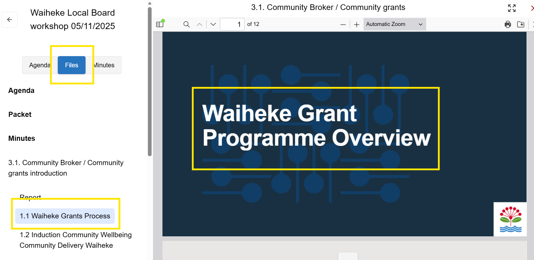 Screenshot showing the 'Files' button selected, a document title highlighted below and the full document displaying on the right of the screen.