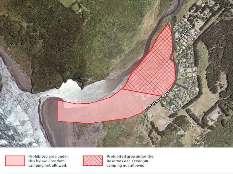 A map highlighting areas where freedom camping is not allowed.