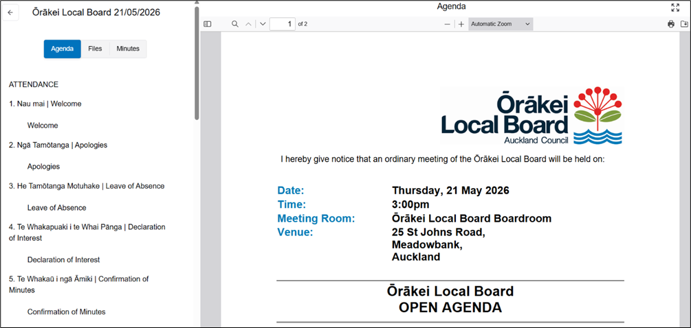 Screenshot showing an agenda for Ōrākei Local Board for Thursday 21 May 2026 with meeting items listed in the side pane and the full document in the main window.