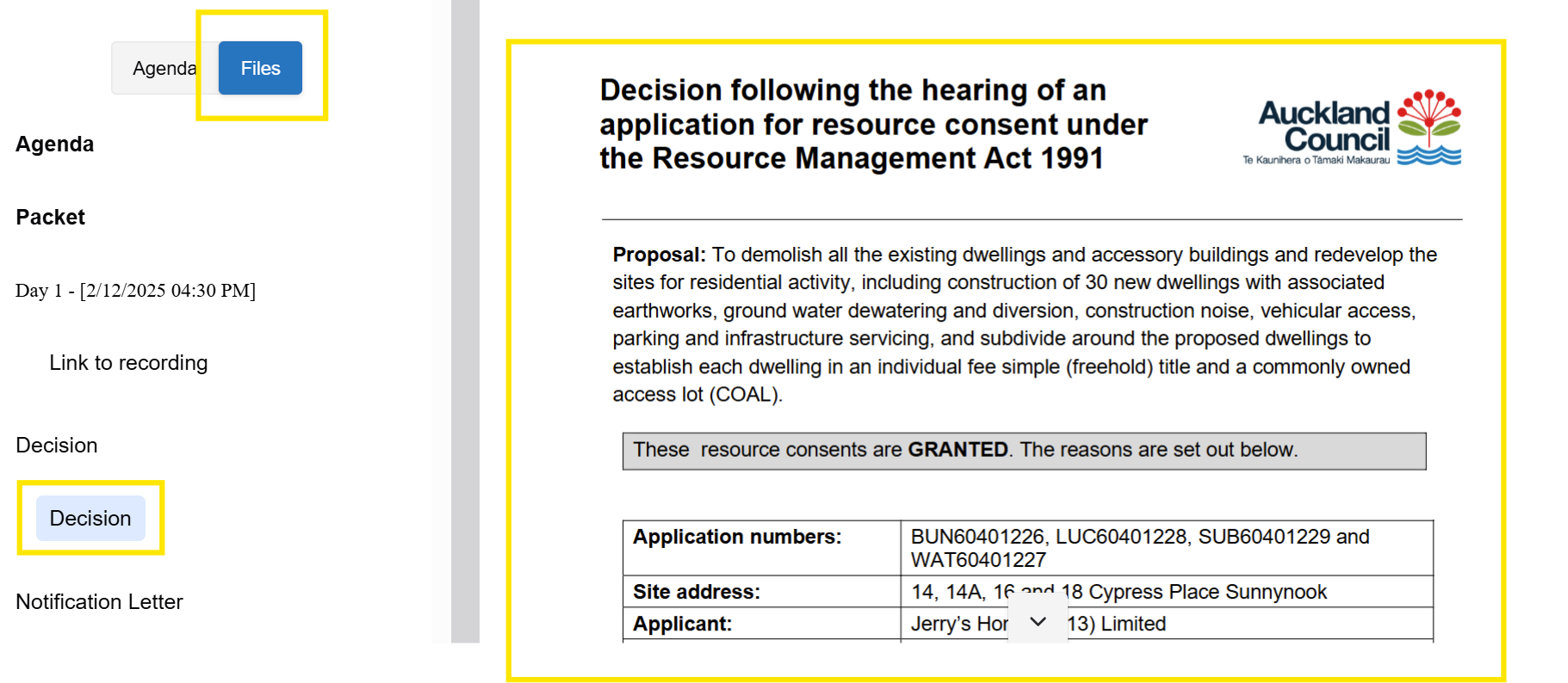 Screenshot highlighting the 'Files' tab and a selected document on the left of the screen and the selected document in full on the right.