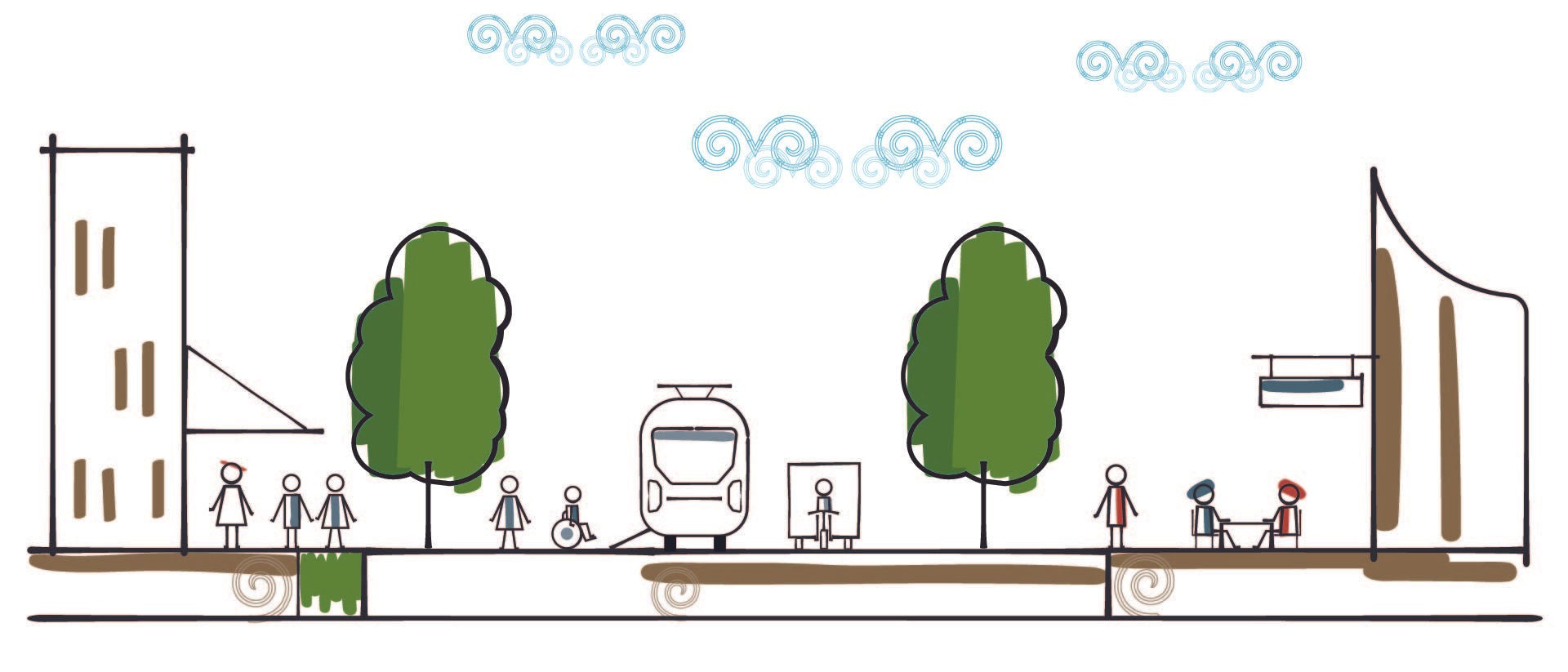 Drawing of people in urban area, walking, boarding a tram, riding an electric freight vehicle, and sitting on street furniture.