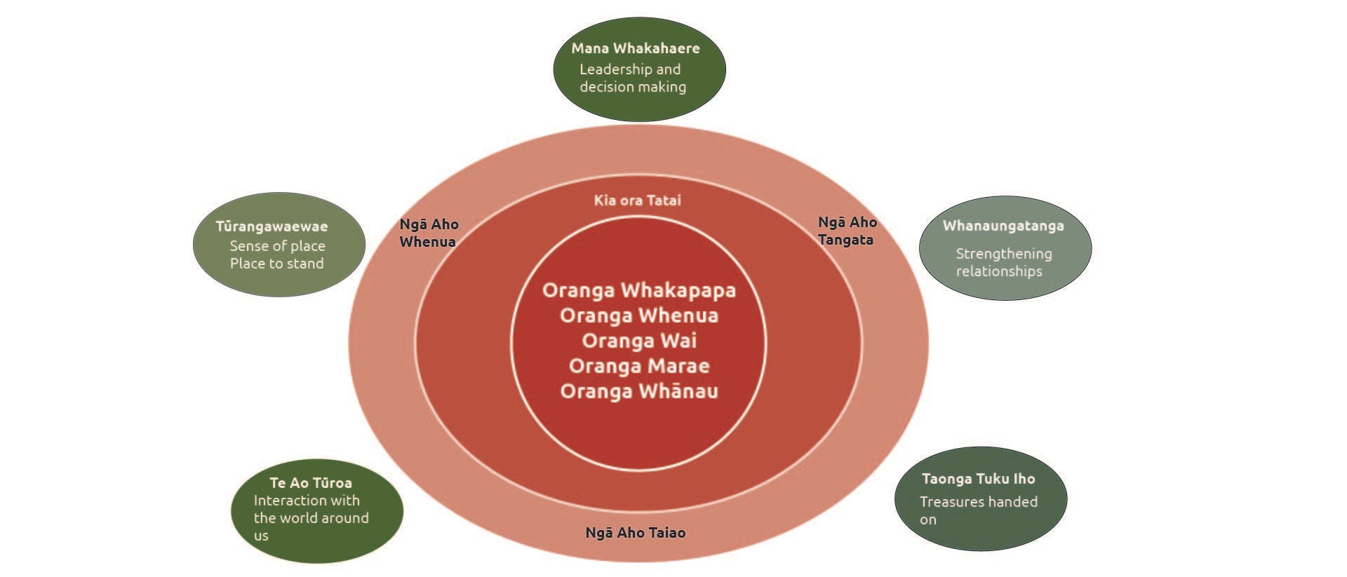 Diagram of Kia ora Te Tatai showing three dimensions of well-being and five core Māori values and principles.