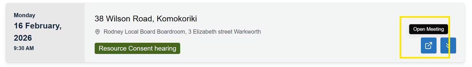 Screenshot showing current hearing search results, highlighting the 'Open Meeting' button at the far right of the screen.