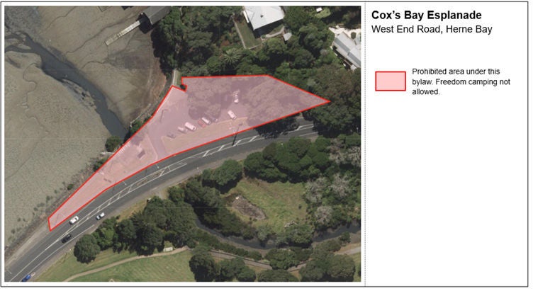 A map highlighting areas where freedom camping is not allowed.