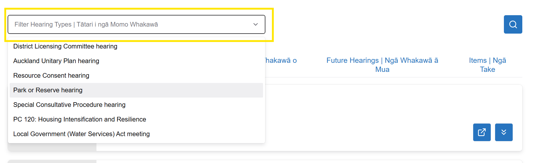 Screenshot showing the 'Filter Hearings Types' search box and a list of hearing types below.