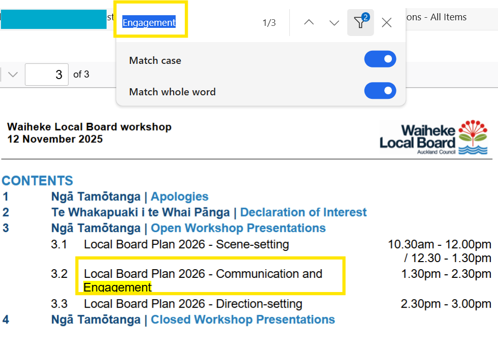 Screenshot showing a word search for a document within a local board workshop agenda using the pop-up search function.