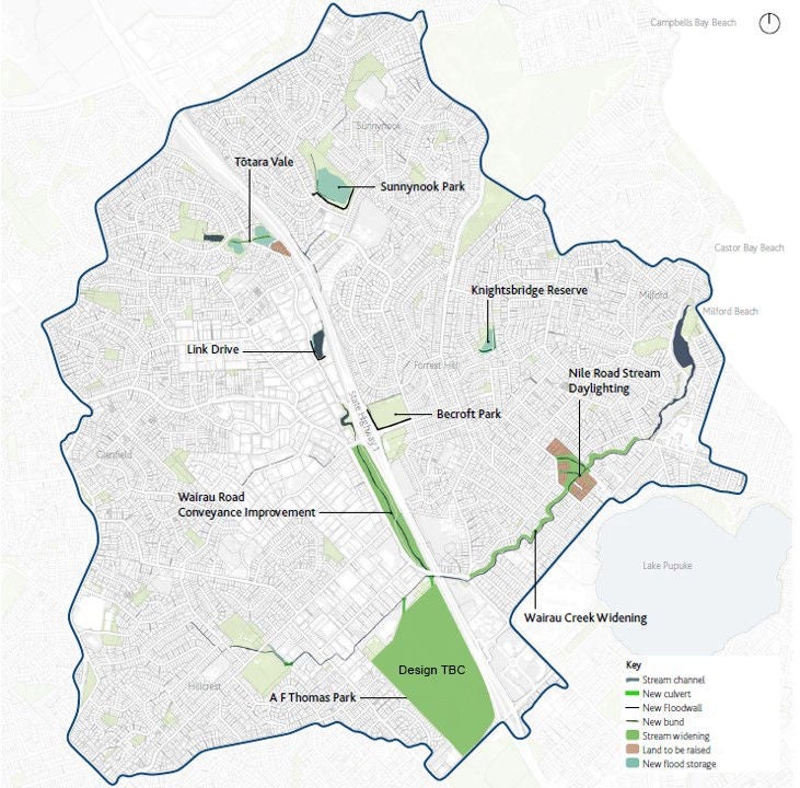 Map of the Wairau area that shows proposed upgrades to reduce flood risks.