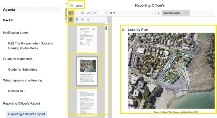 Screenshot showing the highlighted menu bar, toggle sidebar and thumbnails icons, a selected bookmarked section and the selected section open in full on the right of the screen.