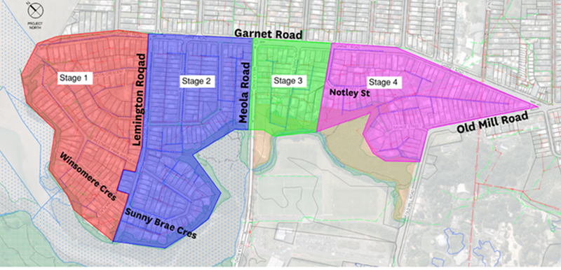 Colour‑coded map of the Westmere Separation Project showing four stages. Stage 1 (red) around Lemington Road and Winsomere Crescent, Stage 2 (blue) along Lemington Road toward Meola Road, Stage 3 (green) east of Meola Road beside open space and Stage 4 (purple) from Notley Street to Old Mill Road.