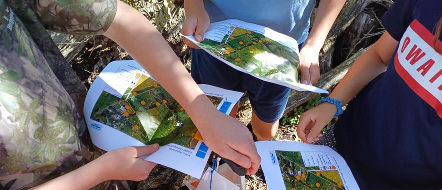 Four children using maps to explore Ambury Regional Park.