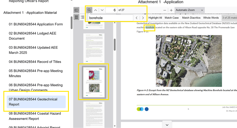 Screenshot showing a word search for a hearing document using the pop-up search function.