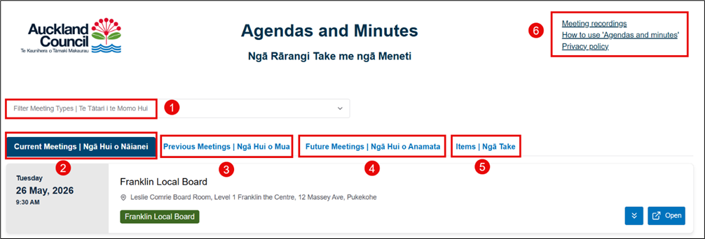 Screenshot of Agendas and Minutes website showing the  'Filter Meeting Types' field (1), the 'Current Meetings' (2), 'Previous Meetings' (3), Future Meetings (4) and (5) Items tabs and the 'Quick Links' in the top right corner (6).
