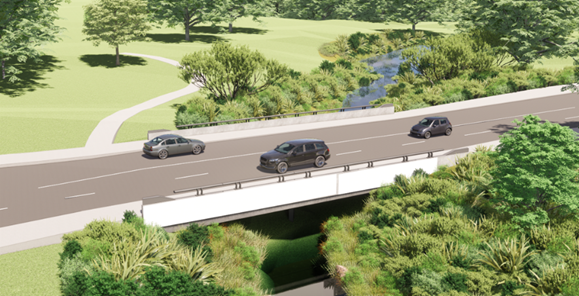 Artist’s impression of three cars driving across the new bridge above the creek and between parkland, trees and paths.