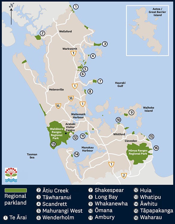 Map of the Auckland region showing regional parks where camping in a self-contained vehicle or campervan is authorised.