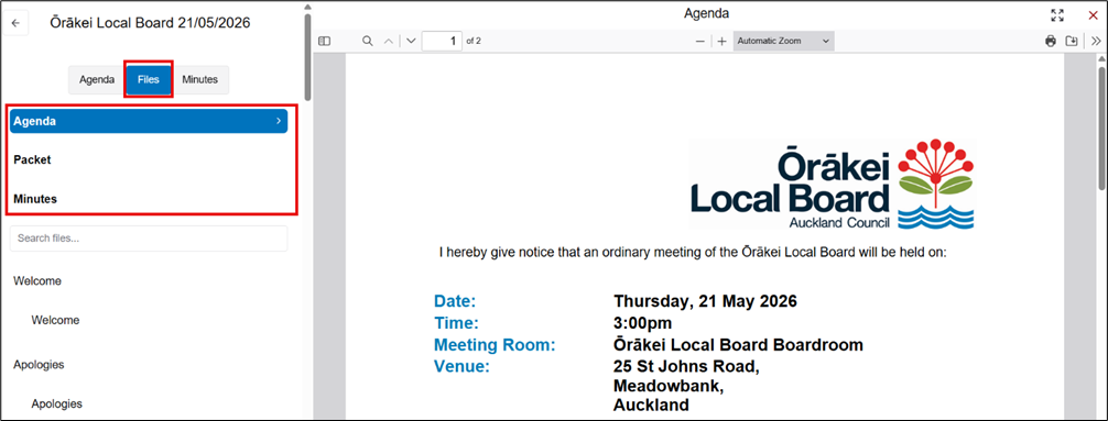 Screenshot showing how to access the different file types associated with a meeting agenda including agendas, packets and minutes for Ōrākei Local Board.