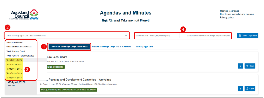 Screenshot of the Auckland Council Agendas and Minutes homepage showing the 'Previous Meetings' tab, the 'Meeting type' filter with a list of election terms and start and end date fields to narrow the search.